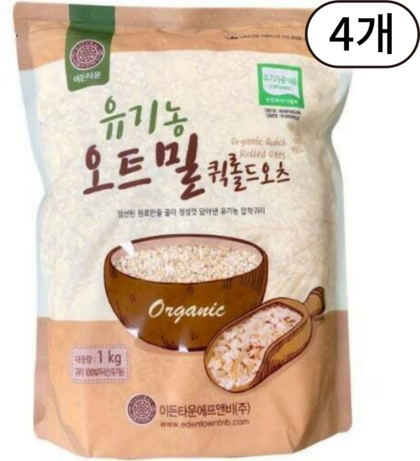 이든타운 유기농 오트밀 퀵롤드오츠, 1kg, 4개