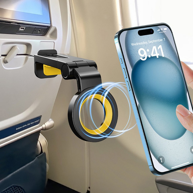 투톤 360도 회전 여행용 맥세이프 스마트폰 거치대 접이식 휴대용 스탠드 다용도 다기능 휴대폰 다목적 항공기 기내용 캐리어 유모차 비행기 테이블, 1개, 투톤(옐로우/블랙)