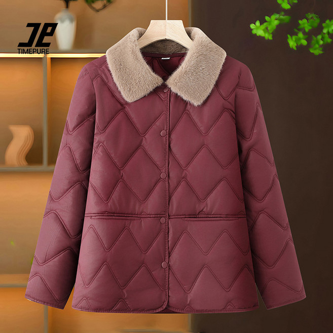 TIMEPURE 중년 여성 따뜻한 보온 면패딩자켓 어머니 선물용 플리스 안감 점퍼 넉넉한 루즈핏 카라 디자인 편안한 겨울 아우터 코디 추천