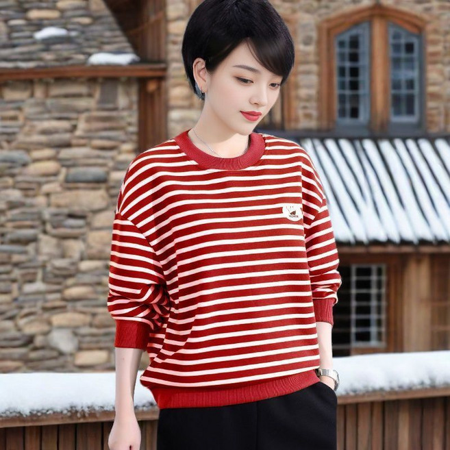 중년 여성 라운드넥 기모 맨투맨 가을 겨울 캐주얼 스트라이프 긴팔티 엄마 도톰 티셔츠 상의 SJS
