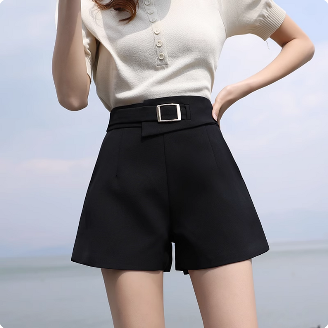 쌍천 여성용 데일리 캐주얼 하이웨이스트 와이드핏 반바지 팬츠 A25110618