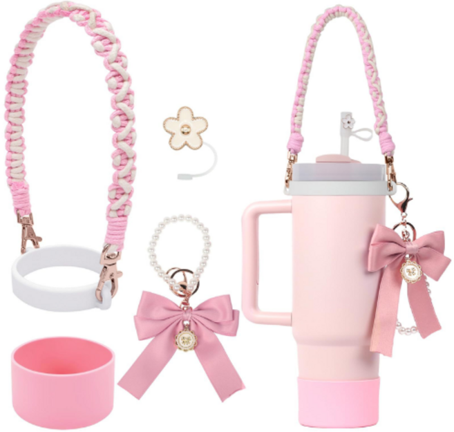 텀꾸 스탠리 30oz 40oz 호환 악세사리 5종 세트 스타벅스 스트랩 실리콘 바닥커버 리본 키체인 빨대캡, 1개, 핑크