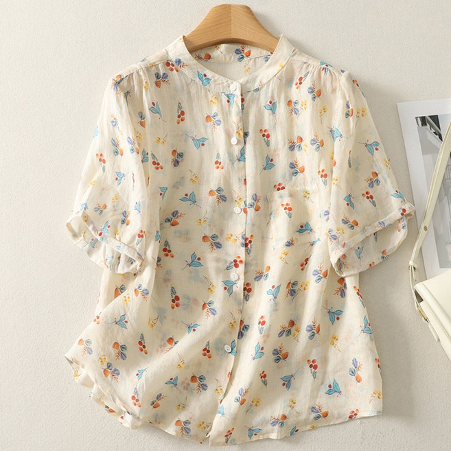 플랜앤유 여성 플라워 린넨 블라우스 반팔 차이나넥 루즈핏 여름 셔츠