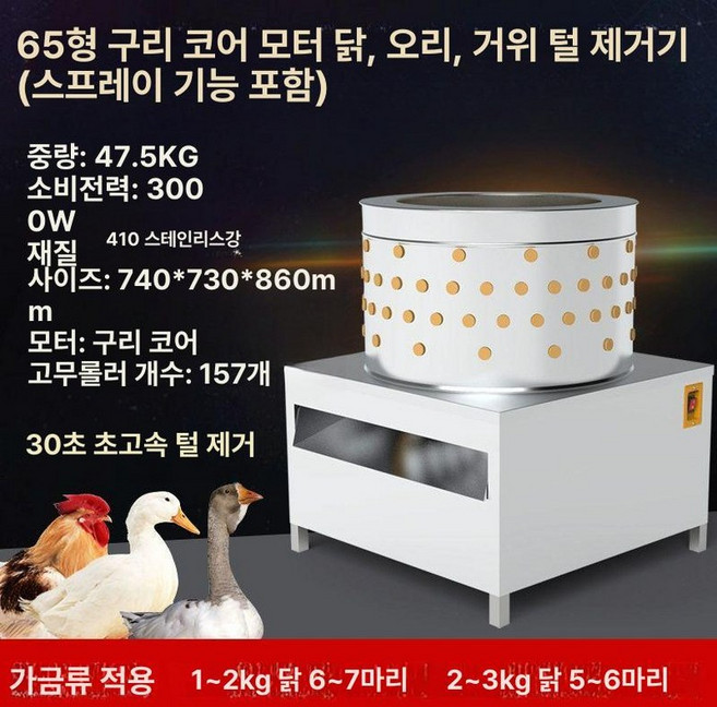 자동 작은 닭털뽑는기계 닭 50L 제거기 탈모기, 65형 구리 코어 - 물 분사 - 이동식 롤러스케이트, 기본 모델명/품번
