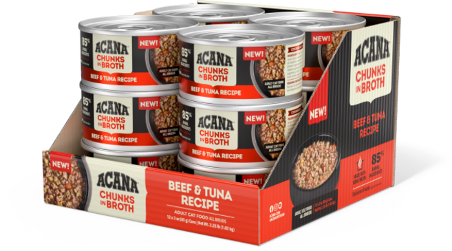 아카나 청크 인 브로스 소고기 참치 레시피 전연령 그레인프리 고양이 습식사료, 12개, 85g, 소+참치
