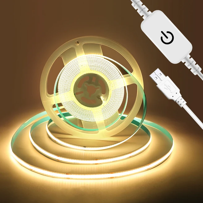 5V LED COB 스트립 라이트 터치 디머 USB 플렉시블 다이오드 테이프 리본 방 DIY TV PC 벽 장식 선형 조명, Warm White, 2m, 10 Warm White 2m