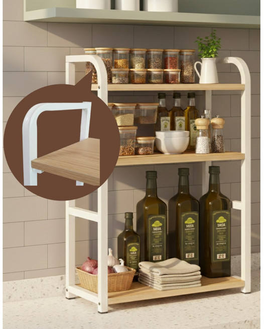 가구공작소 주방정리선반 싱크대정리선반 양념통선반 화이트철재 우드선반 3단 수납선반, 화이트, 1개