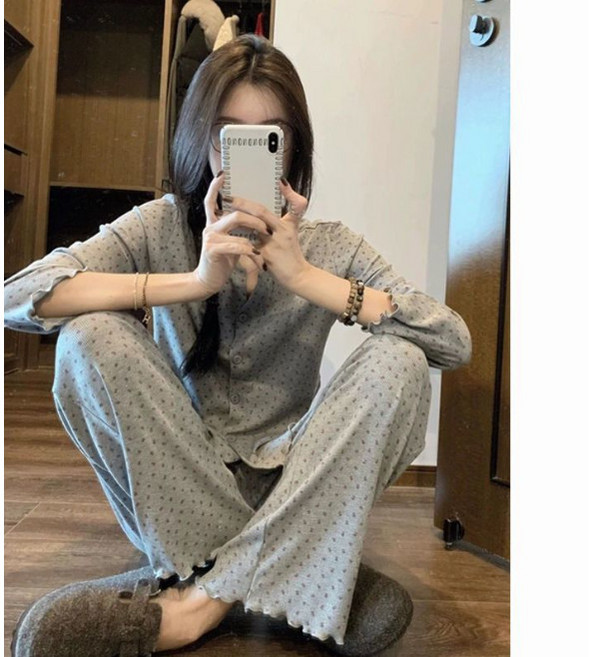 韓版螺紋春秋女睡衣長袖長褲寬鬆圓領兩件套家居服
