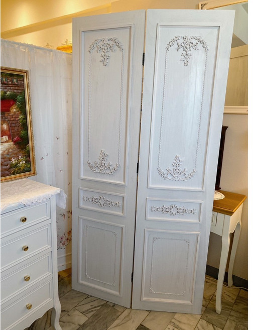 法式鄉村 復古實木作舊白色精緻雕花隔間屏風, 一片式 50*200cm