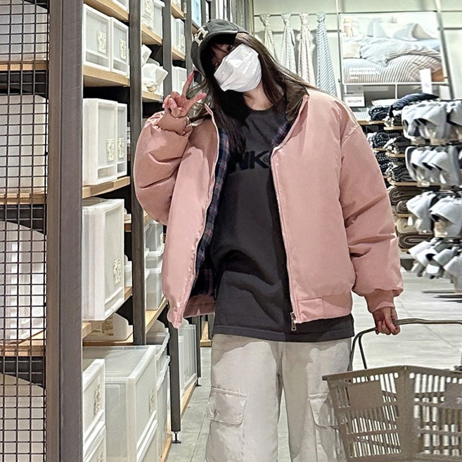 TIMEPURE 양면으로 체크+ 단색 패딩 여성용 두 가지 스타일 MZ 세대 겨울 커플 코트 데일리 오버 패딩 점퍼 트렌드 빈티지 루즈핏 아우터
