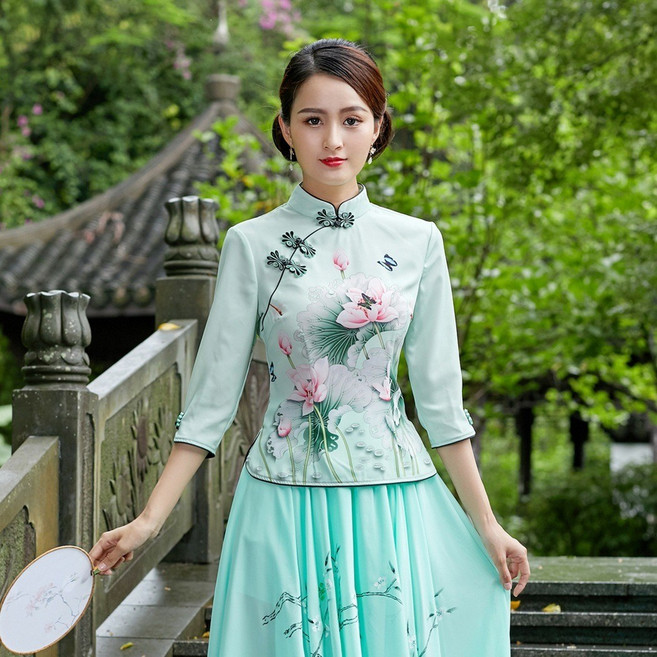 古典簡約印花唐裝上衣 優質提花棉中袖旗袍式服飾 改良式時尚中國風