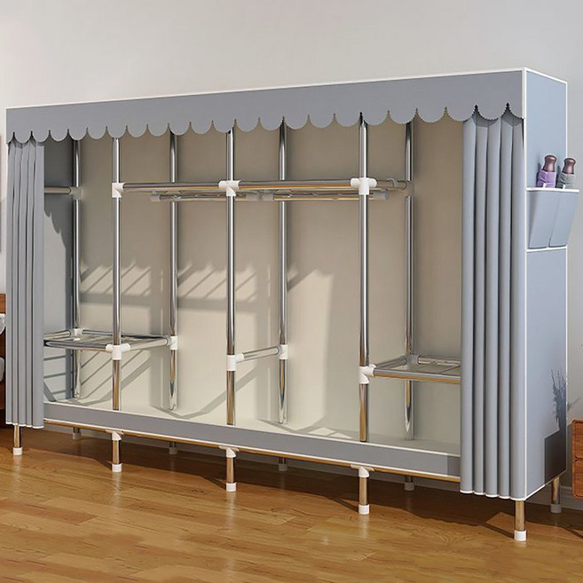 [시스슈] 강화 철제 프레임 조립형 3단 이동식 행거 | 하단 대용량 수납공간 먼지방지 커튼 일체화, 회색