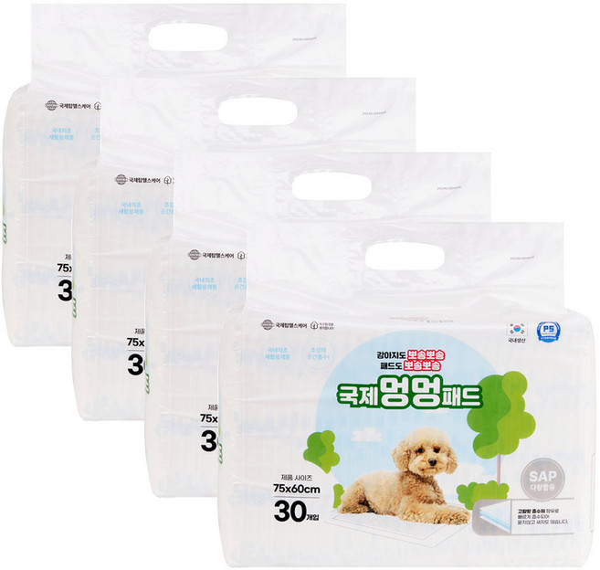 국제멍멍패드 국내생산 친환경 반려견패드 대형 (60x76cm) 4팩 120매, 30개입, 4개