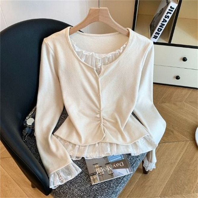 TKX 여성용 긴팔 티셔츠 레이스 소매 레이어드 빅사이즈 루즈핏 예쁜티 간절기