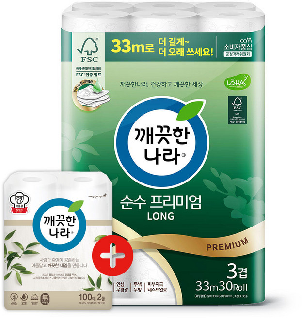 깨끗한나라 화장지 3겹 순수프리미엄 33m 30롤 1팩 + 키친타올 100매 1롤, 1개