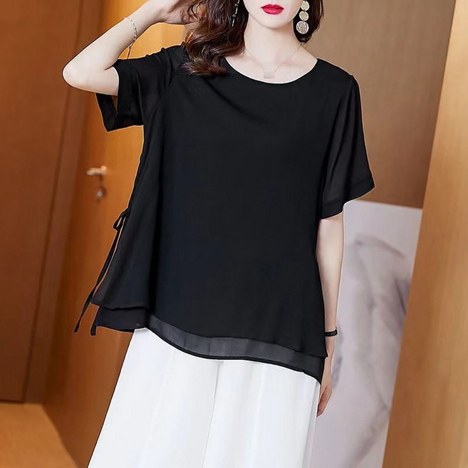 ROYALBELLE 여성 라운드넥 반팔 블라우스 데일리 베이직 패션 쉬폰 티셔츠 D0040912