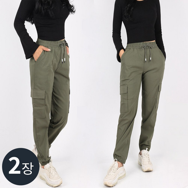 1+1 C여성면스판조거팬츠 여자 여성 카고 조거 밴딩 포켓 스판 코튼 나일론 데일리 팬츠 빅사이즈 단체