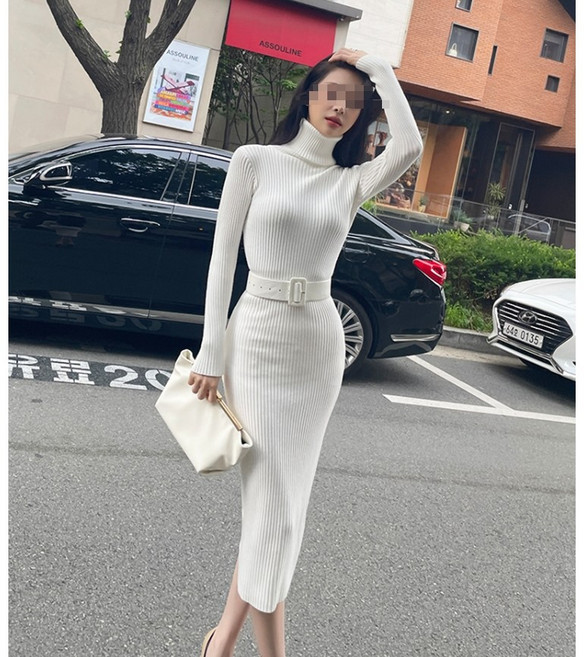 체인지쉬(change she)여성 터틀넥 슬림핏 골지 니트 롱원피스(벨트포함)