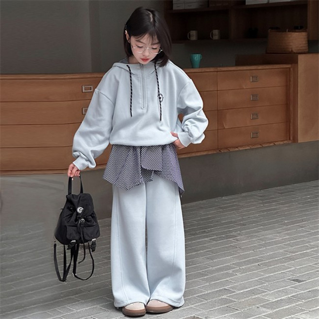 비비키드 초등생 하트 레터링 자수 안감체크 후드 반집업 긴팔 상의 초중생 하의 긴바지 주니어 세트 여아 봄 가을 초등생 상의+하의 (QT75)