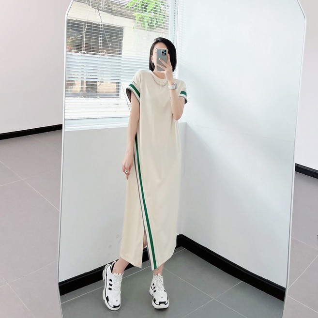 大尺碼短袖連衣裙 寬鬆顯瘦T恤長裙