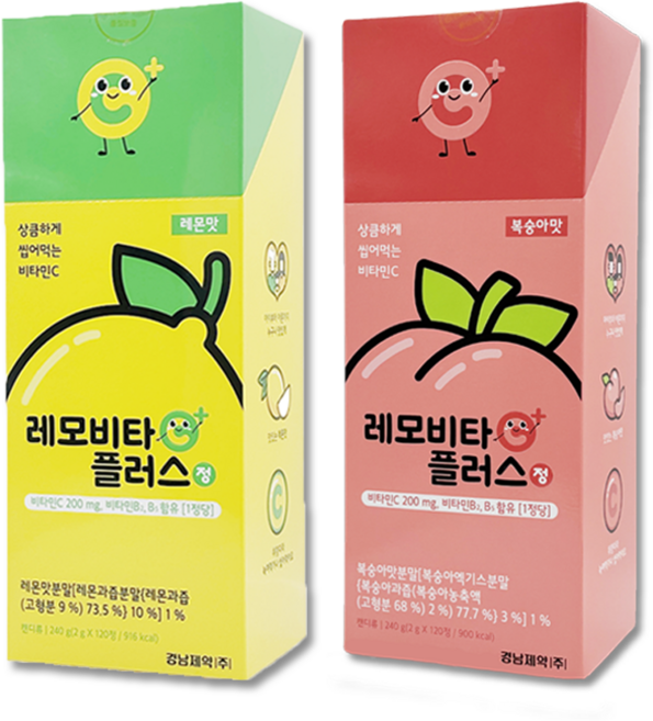 경남제약 레모비타플러스정 레몬맛+복숭아맛 세트 어린이건강간식, 1세트, 480g