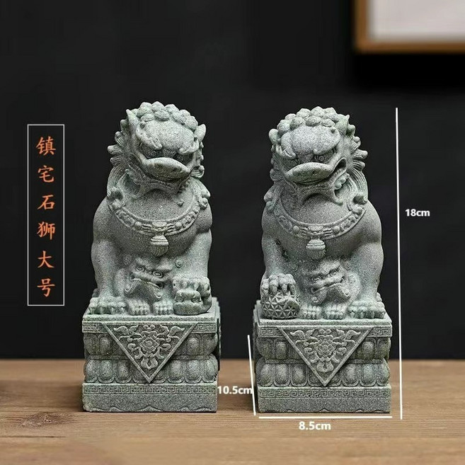 祥瑞閣 青砂石石雕獅子擺件 桌面戶外裝飾, 鎮宅石獅一對 大號18公分