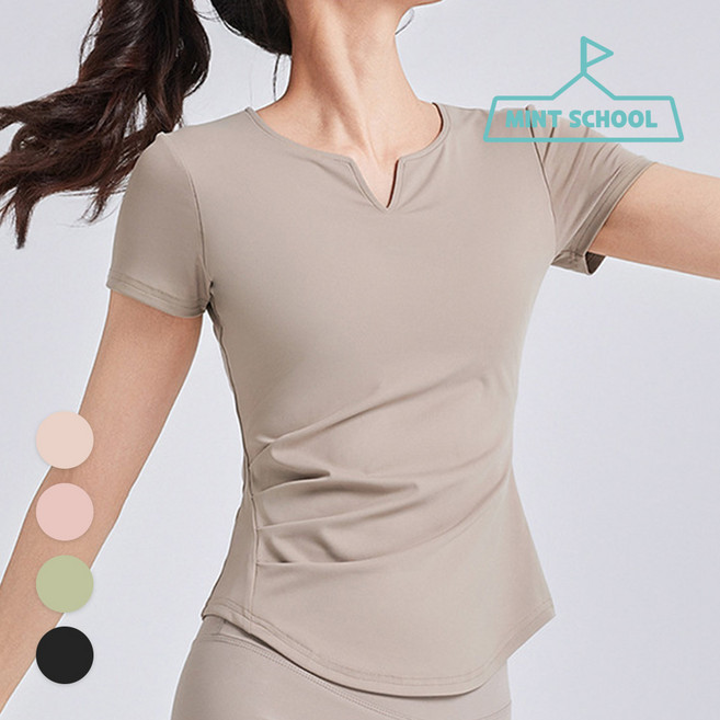 민트스쿨 브이넥 셔링 반팔 캡내장반팔티 요가복 필라테스복 운동탑