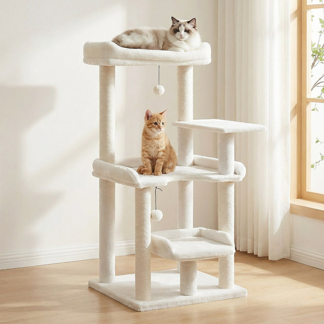 PAWZ Road 4단 패브릭 대형 플랫폼 고양이 캣타워 큰 사이즈 휴식공간 + 면끈 스크래쳐 + 낮은 단차, 1개, 화이트