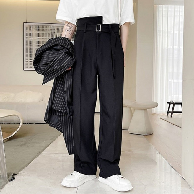 더마크 남성 언발 벨티드 세미 와이드 슬랙스 데일리 캐주얼 정장 바지 P#DS206