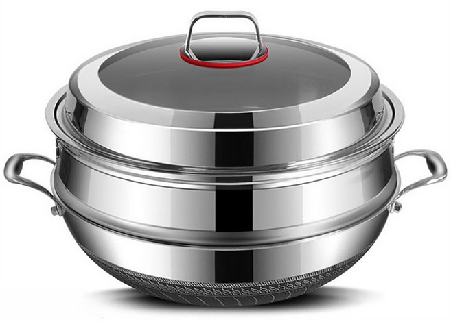 LY7SM 인덕션 316 스테인레스 궁중팬 양수웍 파티웍 통7중 찜기 2단+뚜껑 세트 0046, 1개, 36cm