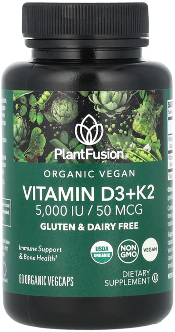PlantFusion 유기농 비건 비타민D3+ K2 5000IU/50mcg 유기농 베지 캡슐 60정, PlantFusion유기농비건비타민D3K25000IU5, 1개 - 쿠팡
