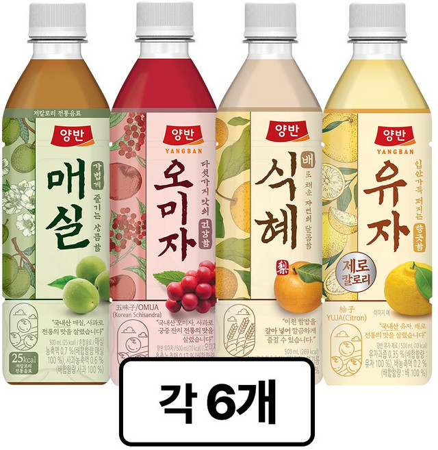 동원 양반 음료 500ml 4종모음 24병 (매실6+오미자6+배식혜6+유자제로6), 24개