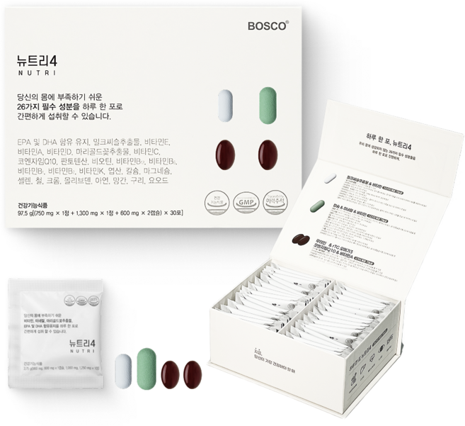 보스코 뉴트리4 멀티비타민 밀크씨슬 코큐텐 루테인 오메가3 올인원 한팩 종합영양제, 1박스