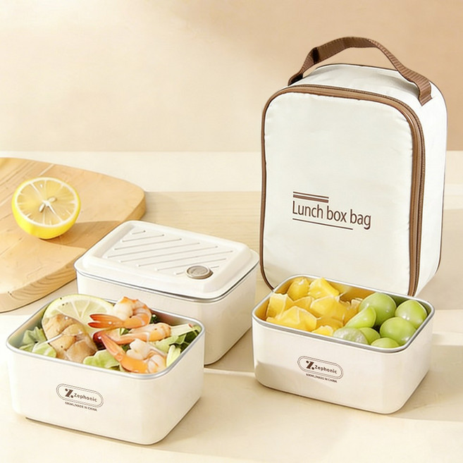 스텐 도시락 세트 직장인 도시락 캠핑 도시락, 1세트, 베이지 3단1800ML