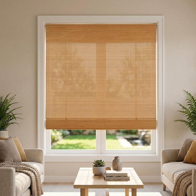 Zeluna Cordless Bamboo Roman Shades Light Filtering Woven Wood Window Blinds with Valance for Liv