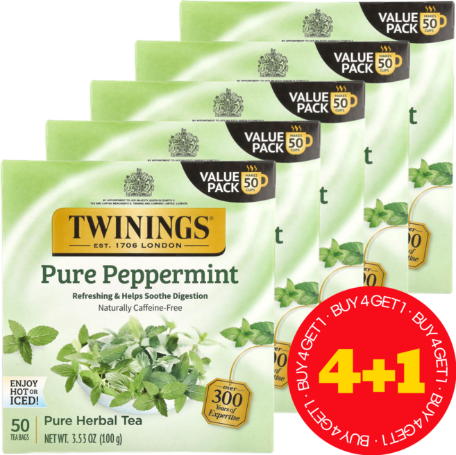 4+1 트와이닝 허브차 순수 페퍼민트 카페인 무함유 티백 산뜻함 부드러움 꽃향기 / 해외직구 미국정품, 100g
