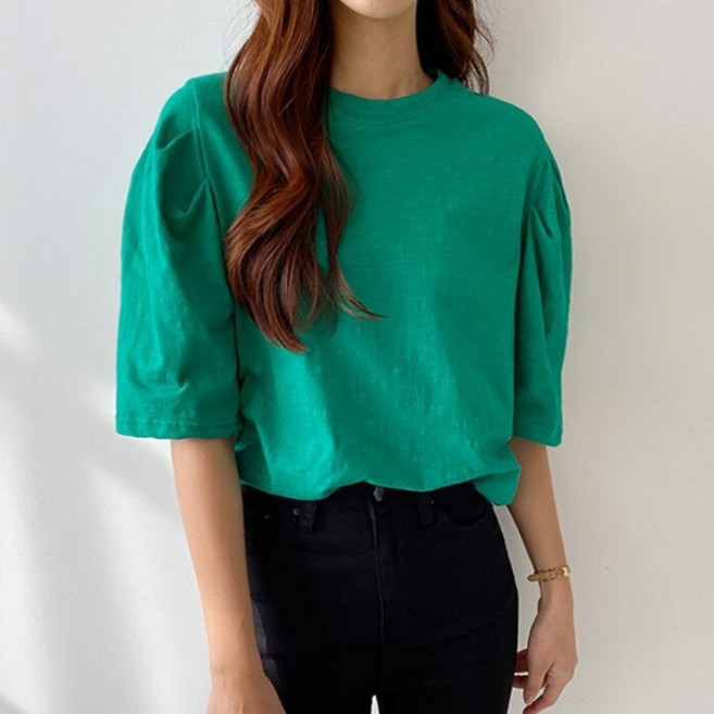 마이쏭 여성 루즈핏 셔링티 반팔티 빅사이즈 디앤슬라브퍼프소매티