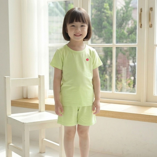 잼베이비 면모달편면 5부세트 에버그린 부드러운 연두색 솔리드 반팔 실내복상하