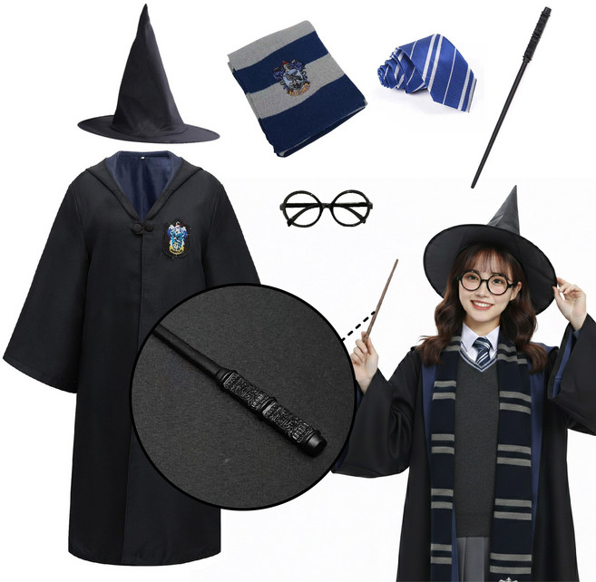 [청춘교복] 고퀄리티 해리포터 코스프레 6종세트 로브+머플러+수동무지타이+안경+지팡이 택1+모자 할로윈 마법사 졸사 졸업사진