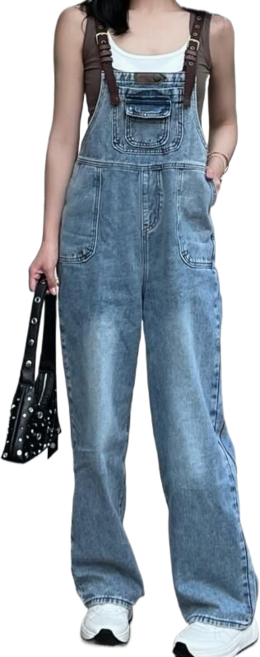 여성용 데님 멜빵바지 루즈핏 포켓 청바지 점프수트