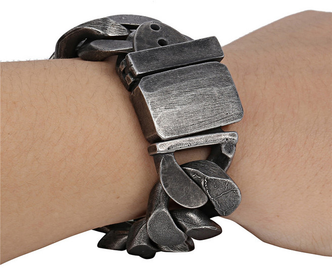 25mm 광폭 헤비 빈티지 블랙 남자 체인 메탈 크롬 팔찌