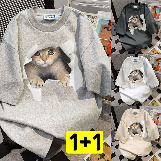 JUSTFEELING 1+1 반팔 면티 여성 반팔티셔츠 레터링 라운드넥 캐주얼 데일리 심플 편안한 스타일 그래픽 캐릭터 고양이 프린트 여름티 남여 커플룩 박시티