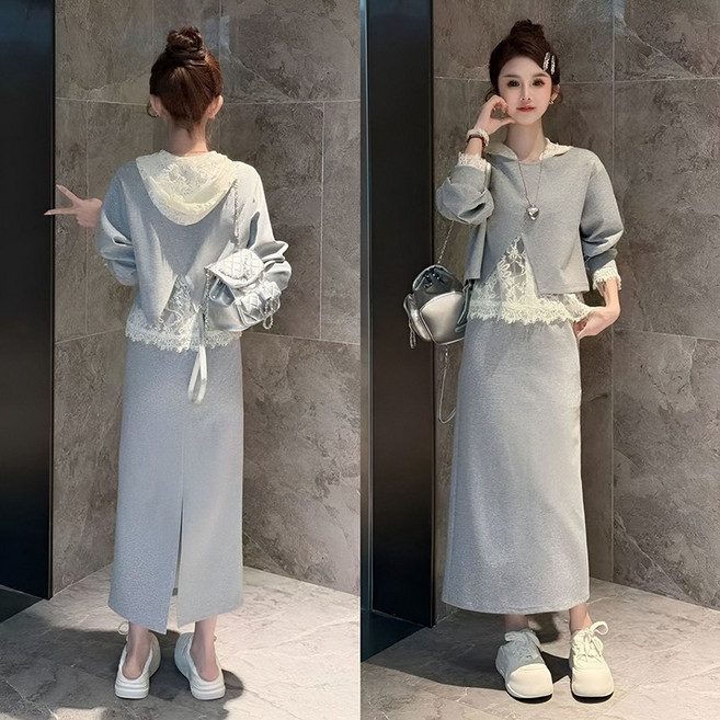 여성 운동복 세트 캐주얼 봄 가을 레이스 후드 긴팔티 + 크롭 맨투맨 + 하이웨이스트 일자 바지 상하의 3피스 세트 기질 여자 트레이닝복 LPC