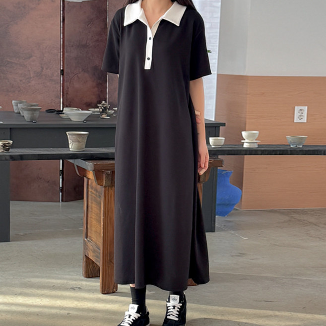 봉봉스토리 여성용 에이스 카라 배색 롱 원피스 루즈핏 반팔 데일리 원마일웨어