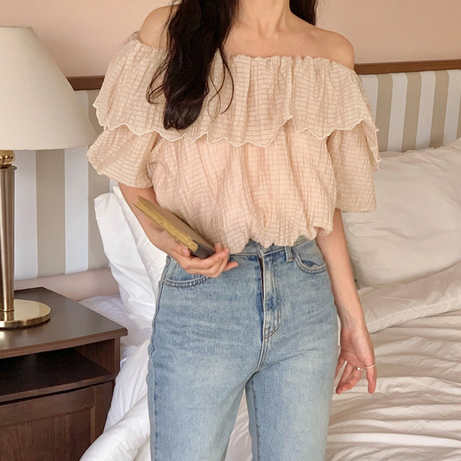 오프숄더 투웨이 쉬폰 블라우스 퍼프 밴딩 여성 반팔 티셔츠