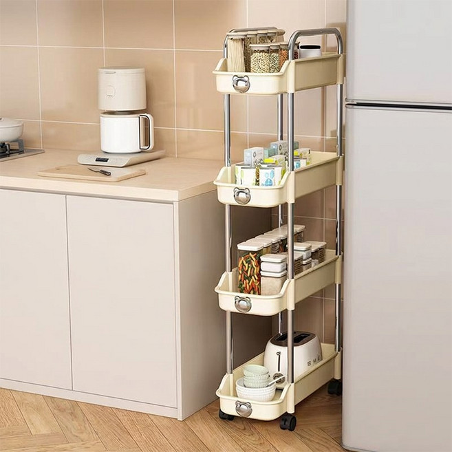 Veralool 대용량 이동식 틈새 수납장 수납 선반 틈새 슬림 트롤리 주방 욕실 거실 수납함 폭21CM, 크림화이트