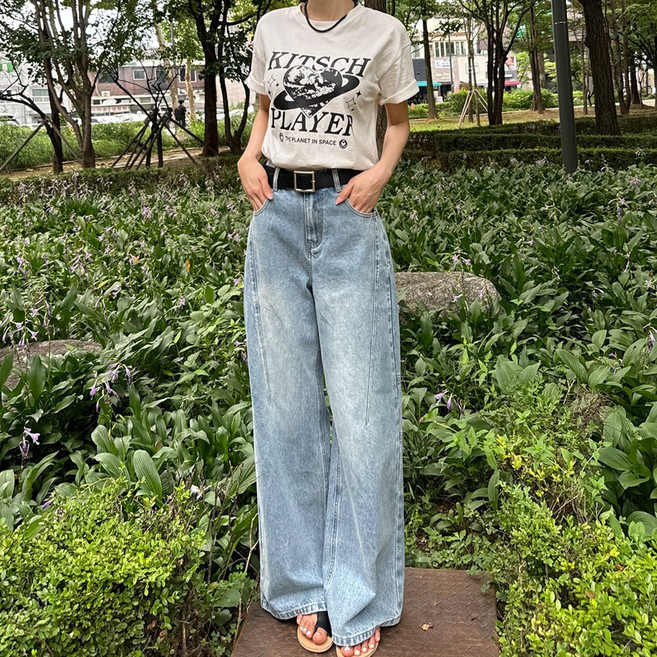 [HIP39] 와이드 데님 워싱 통 턱 청바지 009