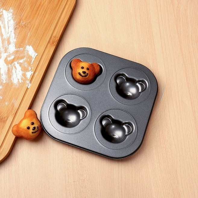 마들렌 제빵용 고양이 모양 과자 만들기 쿠키 베이킹 틀 블랙 4구 두꺼운 곰 몰드, 블랙 미니 6구 몰드 종이트레이6개포함
