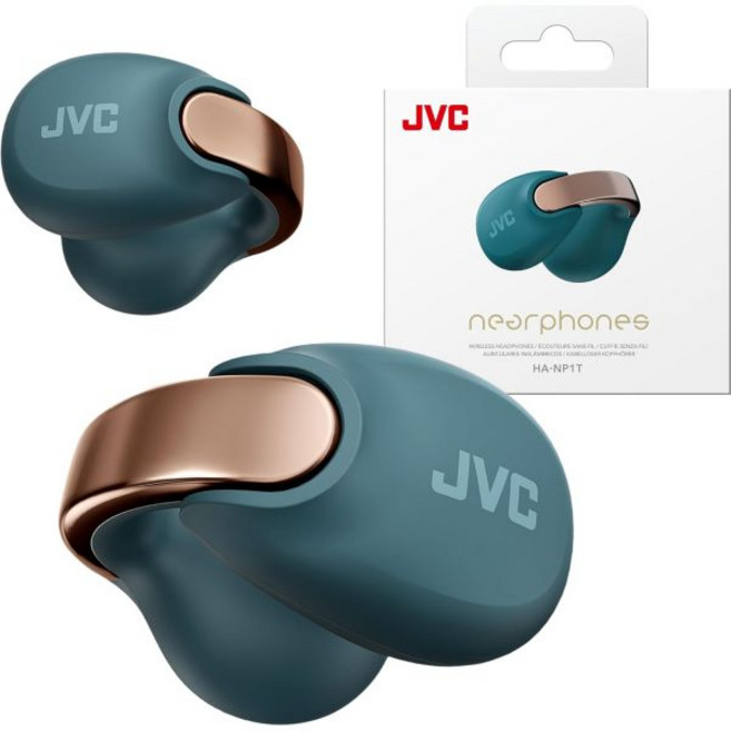 JVC Nearphones 오픈 이어 트루 와이어리스 헤드폰 - 이어버드 블루투스 5.3 최대 24시간 재생 IPX4 방수 내장 마이크 주변 상황 인지 및 편안한 착용감 클립형, Teal Blue