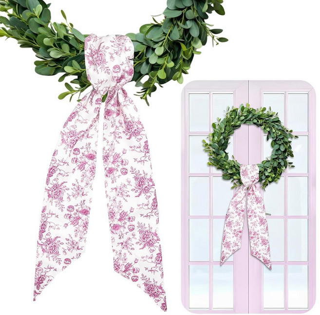 홀리데이 파티 홈 데코 실내 야외용 현관문용 Whaline 2Pcs 그린 플라워 화환 새시 Chinoiserie Floral Garland 리본, Pink, 핑크
